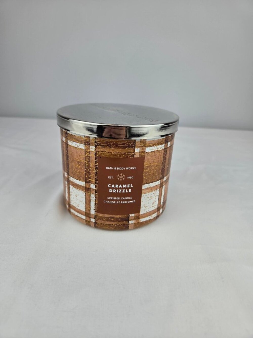 Bath & Body Works Caramel Drizzle Plaid 3-Wick Candle 14.5 oz NEW